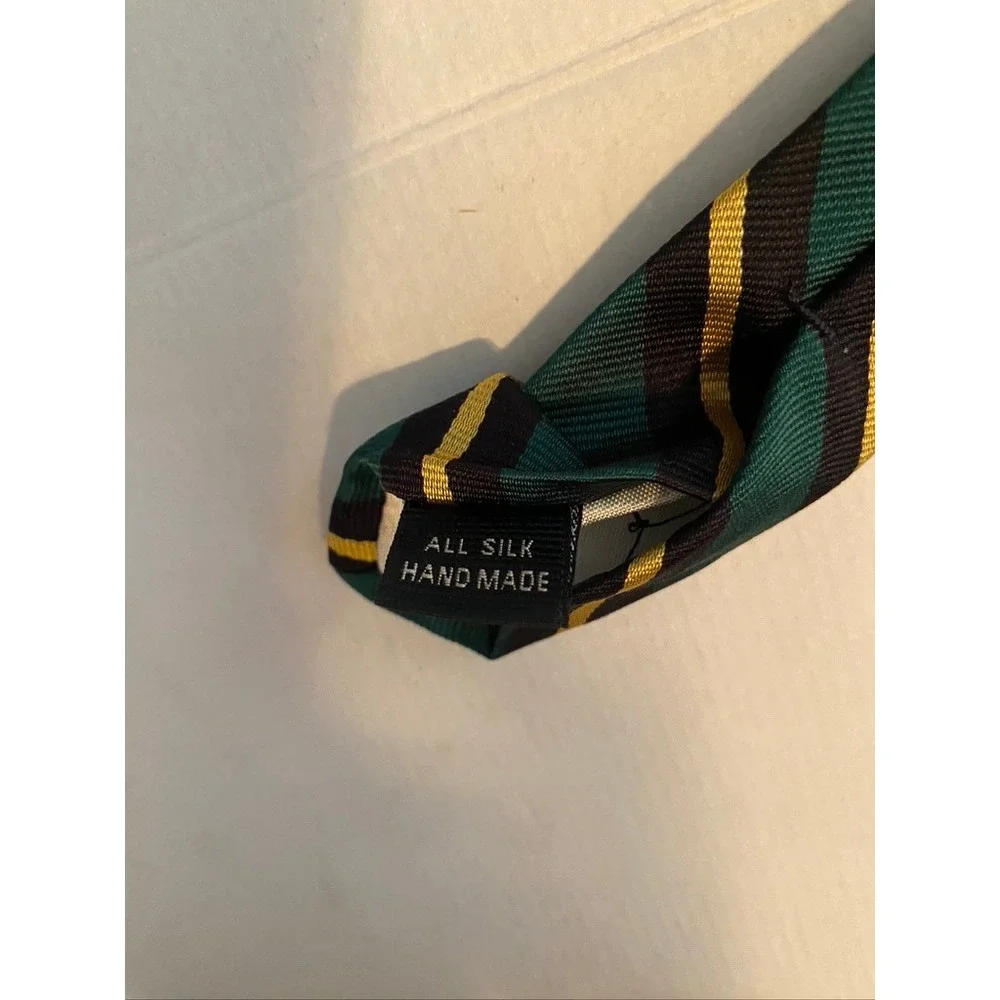 Ben Silver Charleston London Silk Tie Green Navy Gold Striped Hand Made Mens